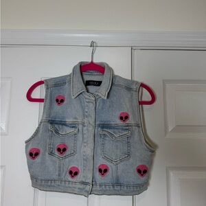AKIRA Light Wash Denim Vest with Pink Alien Patches